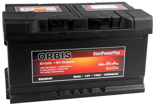 Autobatterie 12 V 80 Ah 740 A Orbis StartPowerPlus – Starterbatterie BS58040 wartungsfrei, gefüllt & geladen, sofort einbaubereit für PKW, SUV & Transporter | BaSBa 2957