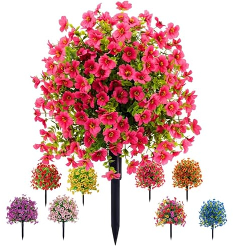 EHOTER Artificial Violet for Outdoor Indoor Garden Home Decoration Outdoor Indoor Uv Resistant & Waterproof Artificial Flower Decor,Faux Violets Flowers with Stakes for Porch Patio (Rose Red)