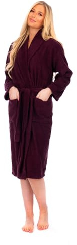 Adore Home Ladies 100% Cotton Terry Shawl Collar Bathrobe, Aubergine, L