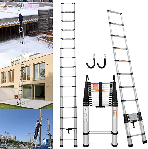 Scaletta telescopica a soppalco, portatile, leggera, 4,4 m, 13 gradini, scale estensibili telescopiche con meccanismo di bloccaggio e 2 ganci, standard EN131, carico massimo 149,7 kg