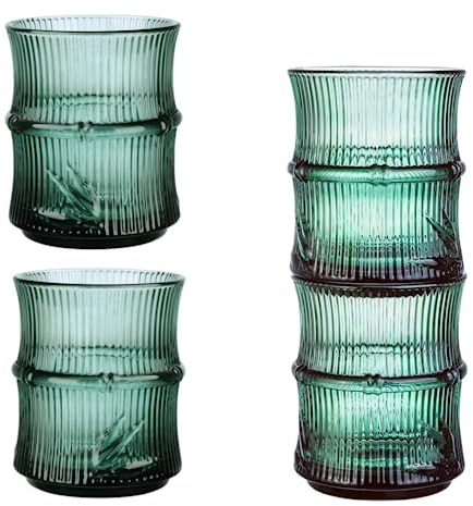 MEETOZ Lot de 4 verres à eau verts - 260 ml - 4 gobelets empilables en verre pour jus, whisky, boissons gazeuses, thé, eau, café, cocktail
