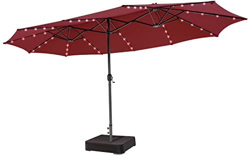 COSTWAY Sombrilla Terraza Exterior Doble, Sombrillas Jardin Grandes con 48 Luces LED y Base, Panel Solar de Carga automática, Manivela, Parasol Terraza Exterior (Wine, 470 x 280 cm (con LED y Base))