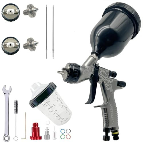 HVLP Spray Gun, 1.3 mm and 1.8 mm Stainless Steel Air Spray Gun, 600 ml and 400 ml Mixing Cup Gravity Feed Paint Sprayer for Paint and Varnish. (Black)