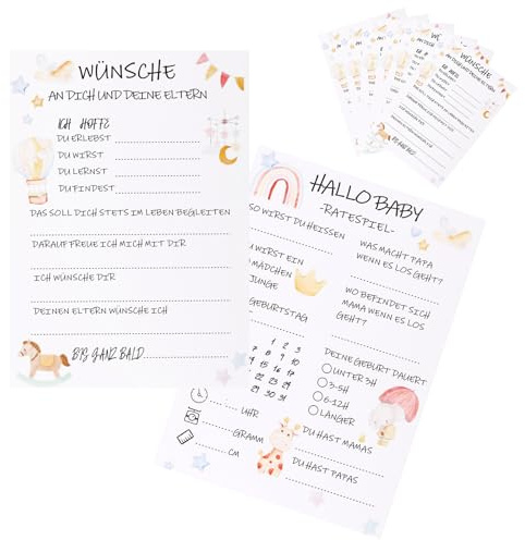 Ratespiel für die Babyparty Babyshower Ratespiel Karten zum Ausfüllen 10 Baby Tippkarten Junge und Mädchen, Beidseitig Bedruckt