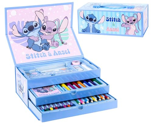 Disney Stitch Juego de Papelería, Incluye Lápices de Color, Rotuladores, Acuarelas, Pincel, Esponja, Lapiz, Sacapuntas, Borrador, Ceras de Color, Cuaderno, Estuche Maletin, Set Escolar Niñas