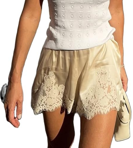 Amiblvowa Pantaloncini da Donna in Raso di Seta in Pizzo a Vita Bassa Micro Mini Pantaloncini Coquette Lounge metà Slip Pantaloni Pantaloni francesi Mutandine, Beige, S