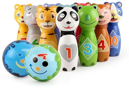 Relaxdays Kinder Kegelspiel, 10 Kegel, 2 Bälle, Tiere, ab 3 Jahre, Indoor & Outdoor, Bowling Set, Schaumstoff, bunt