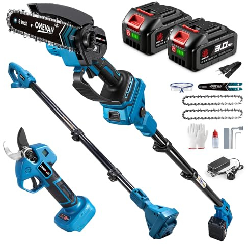 4-in-1 Cordless Pole Saw Battery Secateurs Set - 6IN Brushless Chainsaw and 35mm Pruning Shears, 180°Adjustable Angle, with 6.56Ft Telescopic, SK5 Steel Blade, 2 * 3.0Ah Battery, for Tree Trimming