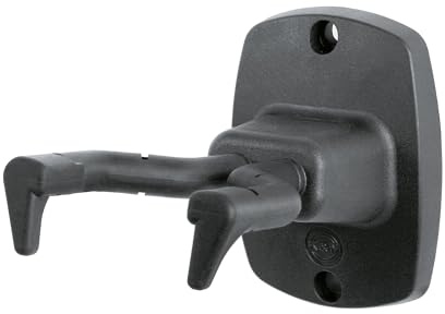K&M 16240 Gitarren-Wandhalter Schwarz - patentiertes Einhängesystem mit Zapfen, Gummipolstern - für asymetrische Kopfplatten