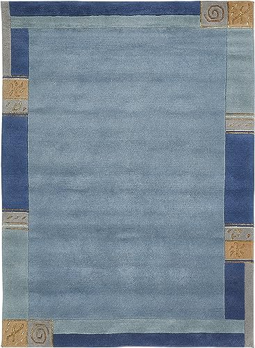 LUXOR living Wollteppich Manali, handgeknüpft, Kurzflor, 70 x 140 cm, Blau | Flor 100% Wolle, Rückseite: 80% Wolle, 20% Baumwolle, klassisches Design, Teppich für Wohn- & Esszimmer