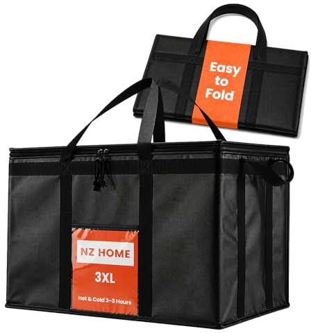 NZ home Insulated Bags for Food Delivery (3XL) Grocery Shopping Cooler Bag, Pizza Delivery, Hot & Cold Catering Tote, Reusable, Foldable & Heavy Duty (Black)