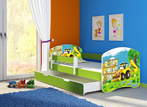CLAMARO 'Fantasia Grün' 180 x 80 Kinderbett Set inkl. Matratze, Lattenrost und mit Bettkasten Schublade, mit verstellbarem Rausfallschutz und Kantenschutzleisten, Design: 20 Bagger