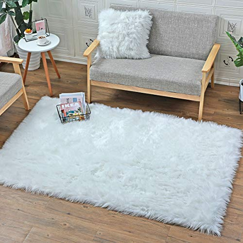 HLZDH, Tappeto, in pelle di pecora, agnello sintetico, pelliccia sintetica decorativa, super soffice, pelo lungo, effetto pelliccia, per divano/letto, Rechteckig Weiß, 80 x 180 cm