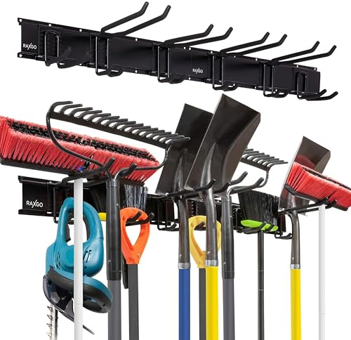 Tool Storage Rack, 8 Piece Garage Organizer, Metal, Wall mounted, Holder for Broom, Mop, Rake Shovel & Tools!