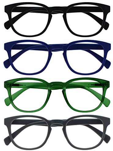 OPULIZE Pop Pack 4 Rétro Rond Noir Bleu Vert Gris Hommes Femmes Lunettes De Lecture Charnières Ressort RRRR2-1367 +3,50