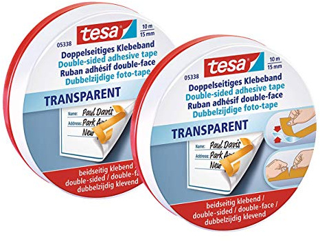 tesa doppelseitiges Klebeband, perfekt für Fotos und Papier, 10m x 15mm, in hochwertiger Metalldose (2 Rollen)