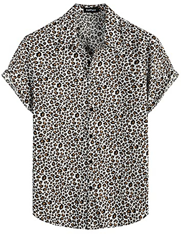 VATPAVE Mens 100% Cotton Hawaiian Shirts Floral Short Sleeve Button Down Shirts Summer Beach Shirts Medium White Leopard