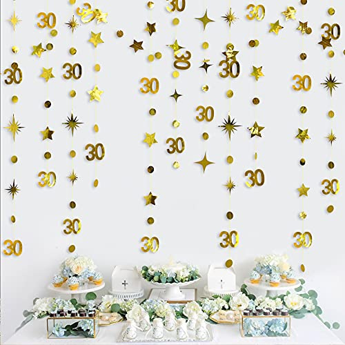 pinkblume Goldfarbene Dekorationen zum 30. Geburtstag, Zahl 30, Kreis, Punkte, funkelnder Stern, Girlande, metallisch, hängende Luftschlange, Wimpelkette, Banner, Hintergrund für sie, Happy Dirty 30 Y