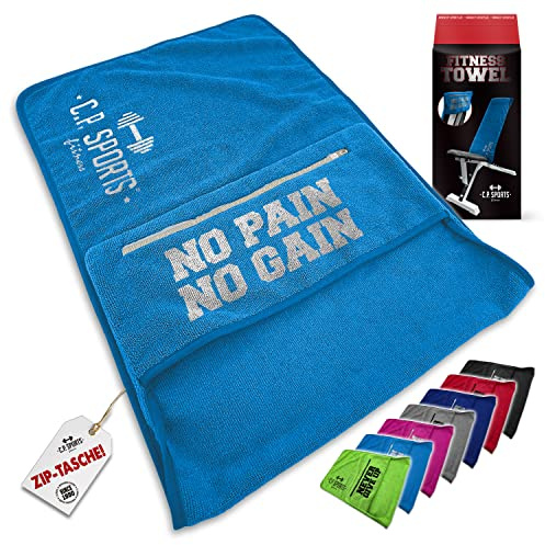 C.P. Sports Fitness Handtuch Towel Mikrofaser | Fixierung + Tasche mit Reißverschluss | Fitnessstudio Gym Training Sport | extra weich, waschbar, lang & groß | für Frauen & Männer | Farbe Blau