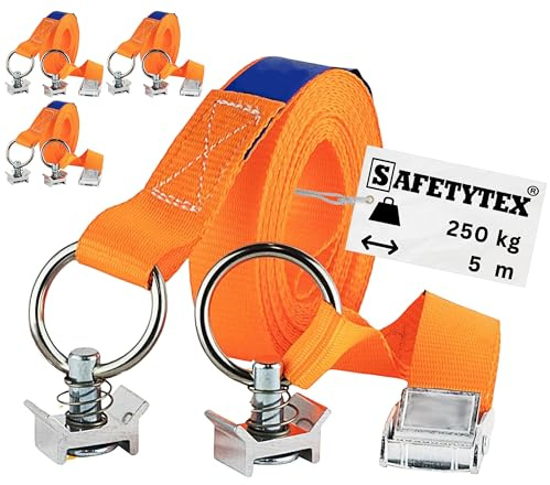 Safetytex Klemmschlossgurt Singlefitting 5 m 25 mm 250 daN (4 Stück) | Spanngurt für Airlineschiene, Zurrschiene, 2-teilig, Ratschengurt, sicherer Transport, 250 kg Belastbarkeit