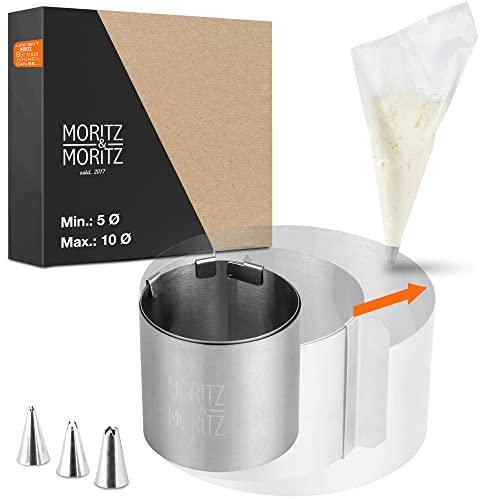 Moritz & Moritz Tortenring Verstellbar 5cm hoch Ø 5cm bis 10cm – Edelstahl Tortenring rund – Backring verstellbar mit Backzubehör – Mit 10 Spritzbeuteln und 3 Aufsätzen