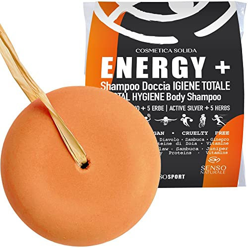 Senso Naturale Shampoo Solido Doccia Energy Rigenerante Igienizzante per Sportivi con Arnica, Artiglio del Diavolo, Maltodestrine, Proteine, Vitamine, Distende la Muscolatura Ricarica Post Allenamento