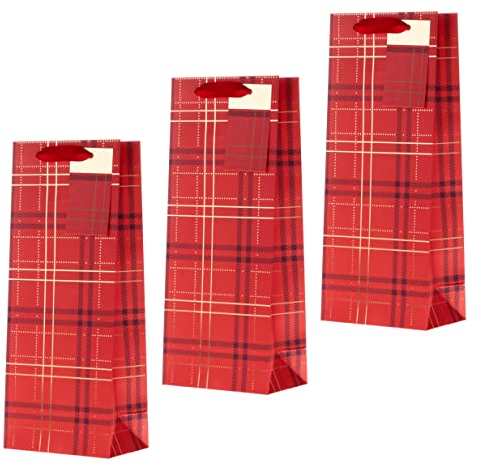 Hallmark Flaschentasche, Weihnachten, 3 Stück, traditionelles rotes Schottenkaro-Design