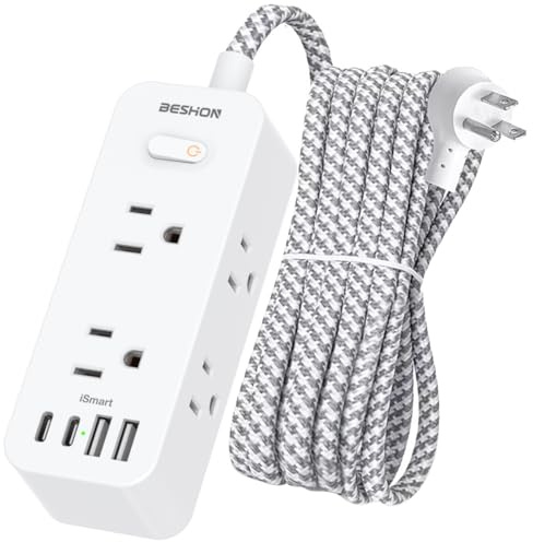 10 FT Extension Cord, Surge Protector Power Strip with 6 Widely AC Outlets 4 USB Ports(2 USB C),3-Side Outlet Extender, Flat Plug, Wall Mount for Home, Office,Travel and Dorm Essential