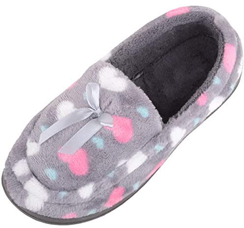 ABSOLUTE FOOTWEAR Lätt att dra på sig mjuk bred passform mockasin stil hjärta design tofflor, Grå, 37 EU