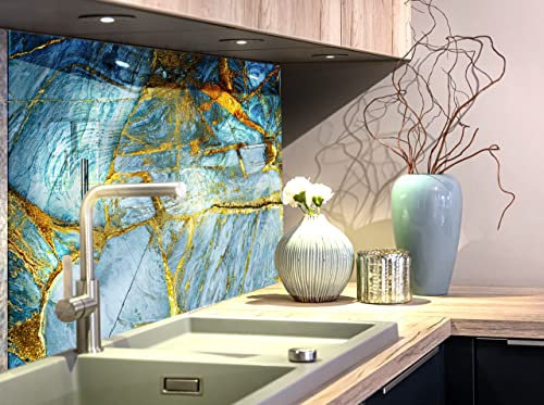 Myphotostation Spritzschutz aus gehärtetem Glas, 50,8 x 50,8 cm, dunkelblauer Marmor, abstrakter Backsplash für Herd, Wand, Spritzschutz für Badezimmer, Gold, Marmor, Spritzschutz