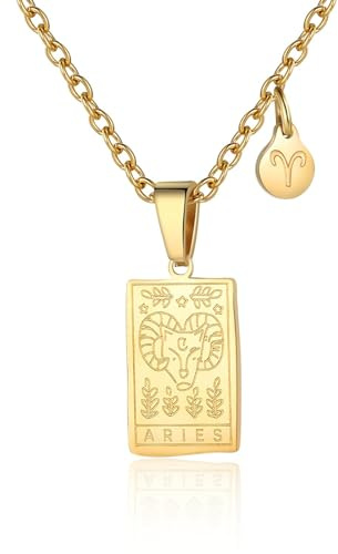 RIXERKOC Signo del Zodiaco Collar para Mujeres Constelación Tarot Colgante Doble Cara 18K Oro Inoxidable Signo del Zodiaco Joyería Regalos para Chicas (Aries)