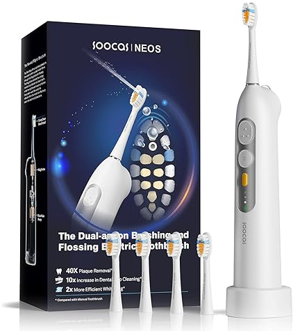 SOOCAS Neos Elektrische Zahnbürste mit Wasserflosser, kabellos, 2-in-1 Bürsten & Flossing Combo Elektrische Zahnbürste für Erwachsene, Eingebauter Wassertank, 40X Reinigungseffekt, 6 Einstellungen