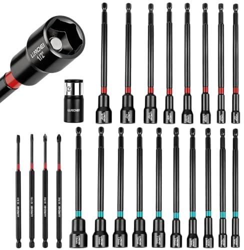 LLNDEI Magnetic Nut Driver Set 23Pcs, Metric 6-15mm & SAE 1/4-9/16 | 6 Extra Long Impact Bits with Strong Magnet, 1/4 Hex Shank for Drill, for Car Maintenance & Furniture Assembly