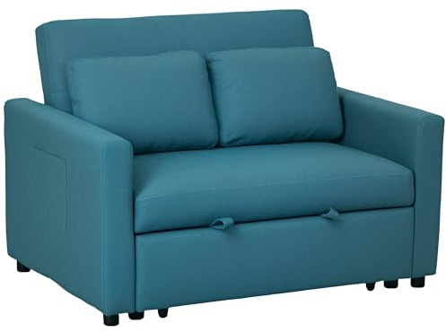 HOMCOM 2 Seater Sofa Bed, 120 cm Convertible Bed Settee, Modern Fabric Loveseat Sofa Couch with 2 Pillows, Side Pockets for Living Room, Guest Room, Blue