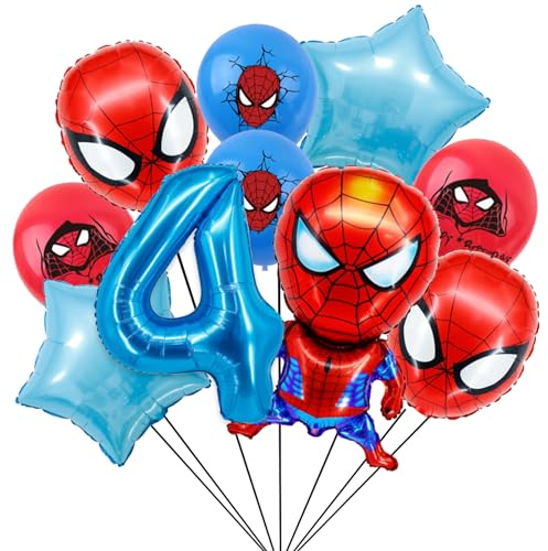 Spider Geburtstagsdeko 4 Jahre Junge, Spider Luftballons und Ballon Geburtstag Deko Themenparty Junge, Blau Nummer 4 Ballons Kindergeburtstag Deko Latexballon und Folienballons für Birthday