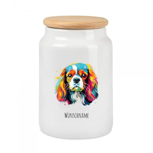 Tierisch-tolle Geschenke Große Multicolor Leckerlidose | mit Hundemotiv (über 90 Rassen verfügbar) und deinem Wunschnamen | Personalisiert | Hygienische Futter Aufbewahrung | (Cavalier King Charles)