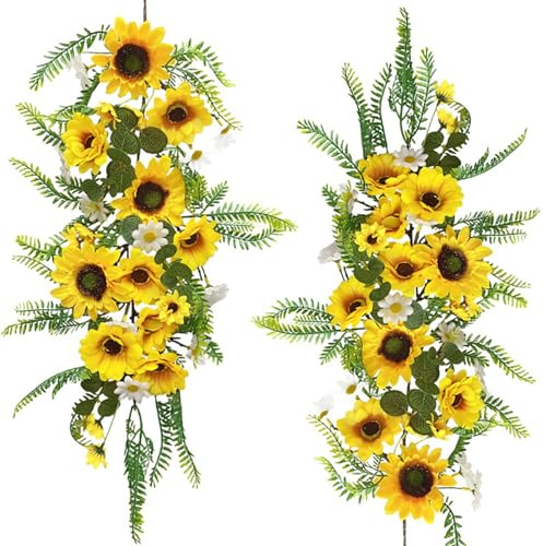 QuarenDen Artificial Sunflower Garland, 2PCS, Sunflower Vines, Artificial Flowers Garland with Green Leaves and White Flowers for Home Room, Kitchen, Garden, Wedding Arch Bridal