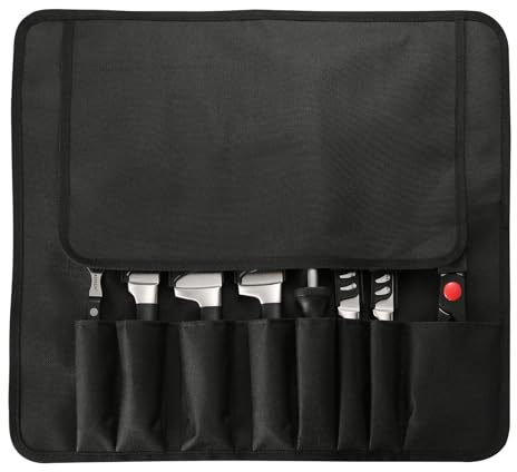 KATISUN 9 Piece Knife Set Roll Bag, Premium German Steel Chef Knives with Hollow Handles, Portable Waterproof Knife Travel Case with Shoulder Strap, Blade Guards & Carving Fork for Outdoor Camping BBQ