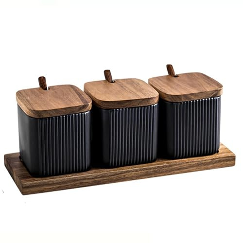 MIATTCLD Viereck Keramik Gewürzgläser, 3 Stk Gewürzdosen Vintage Zuckerdose mit Bambus-Deckelund Löffel, 11.83 oz/350ml Gewürzständer Küchenbehälter für Salz Kaffee Tee Gewürze Zucker