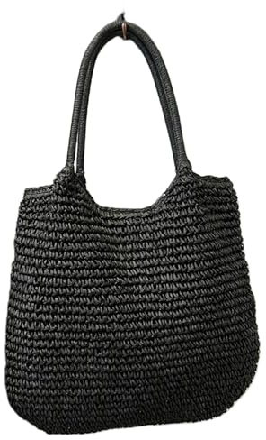 UTZERO Strohtasche Frauen Strohhalte Handtasche Große Kapazität Vintage Umhängetasche Feste Farbe Häkelstrand Damen Sommertäglicher Tasche-Schwarz