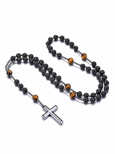 Jovivi Katholische Rosenkranz Kette Tigerauge Obsidian Halskette mit Hämatit Kreuz Gebetskette Edelstein Schmuck Damen Herren