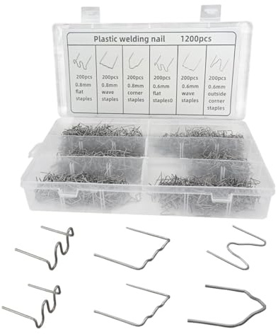 Juego de 1200 piezas de soldadura de plástico para coche, 6 formas diferentes, kit de grapas de soldador con caja de almacenamiento, 0,6 0,8 mm, kit de reparación de grapas de soldadura de plástico de