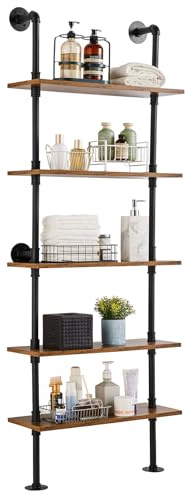 VEVOR Scaffale per Tubi Industriali 5 Ripiani, Mensole Galleggianti in Legno Rustico da Parete 610 x 250 mm Supporto per Libreria, Portaoggetti per Cucina, Camera da Letto, Bagno, Soggiorno, Nero