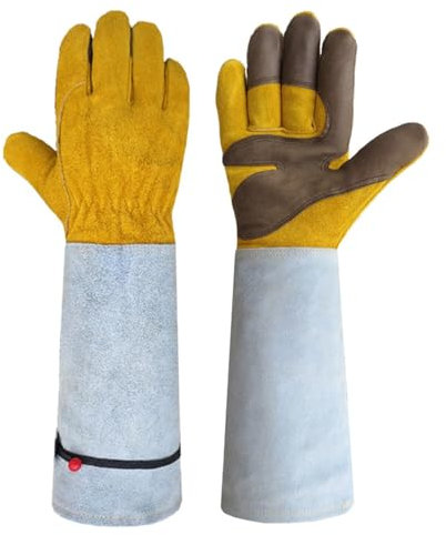 LVYUDS Guantes Trabajo Largos Protección de Brazos Antideslizante Fuerte Agarre Piel de Vaca Guantes Jardineria Recortar Plantar Puños Ajustable Cactus Flores Zarzamora(Yellow-A)