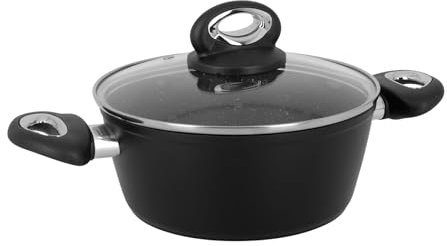 Crealys 539350 Faitout GRANITY Ø 20 cm H 8,5 cm en Aluminium forgé revêtement Noir Anti-adhérent sans PFOA - Intérieur effet Pierre - Couvercle en Verre - Tous Feux Dont Induction