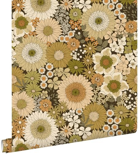 papier peint fleurs rétro vert olive grisé et chameau 50 x 900 cm - ESTAhome