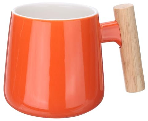 QUARKZMAN Taza de Café de Cerámica de 12.85 Oz con Asa de Madera Simple, Tazas de Café Grandes Hechas A Mano de Cerámica para Té, Café, Sopa para Oficina, Hogar y Regalos, Naranja