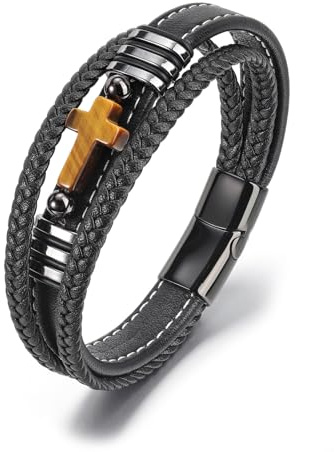 JSDDE Tigerauge Kreuz Lederarmband für Herren geflochten Leder Armband Männer Armband Lederband Perlenarmband für Herren Männer