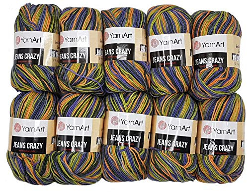 500g Strickwolle Ilkadim Export Jeans Crazy mehrfarbig mit 55% Baumwolle, 10 x 50 Gramm Baumwoll-Strickgarn mit Farbverlauf (lila ocker grün 8213)