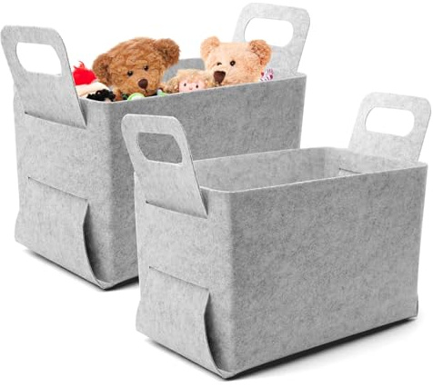 RUNYU 2 Stück Filzkorb Aufbewahrung Filzkörbe Groß Filzbox 30×20×20cm Aufbewahrungskorb Filz Faltbar Filzkiste Grau mit Griffen für Kaminholz, Kleidung, Spielzeug, Flaschen, Bücher